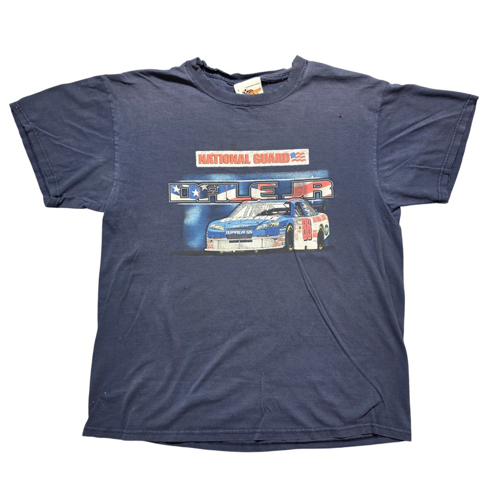 Y2K Vintage Distressed Graphic Tee Mens Large Navy Dale Jr National Guard NASCAR